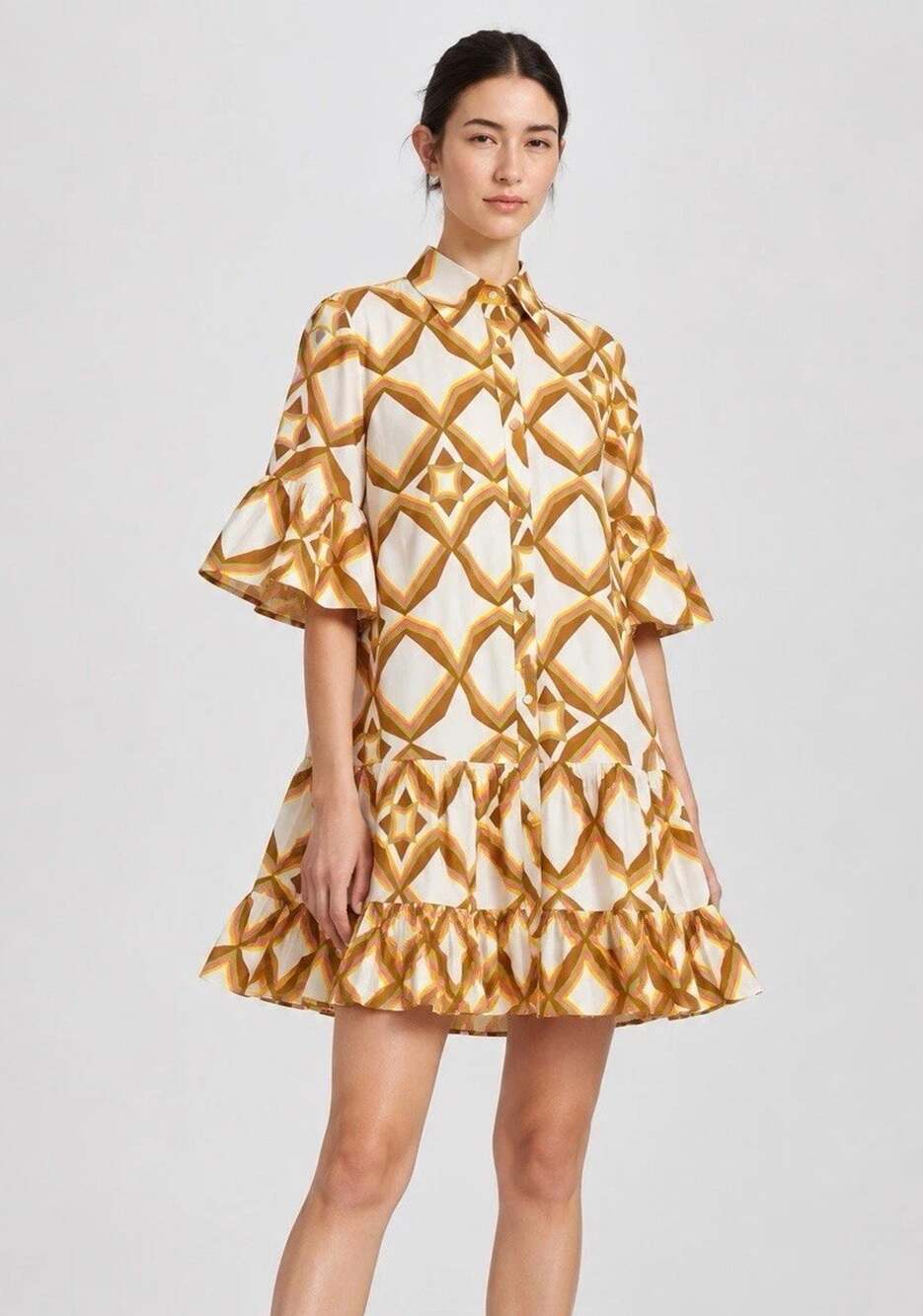 La DoubleJ Geometric Print Cotton Ruffle Mini Shirt Dress XS Italy